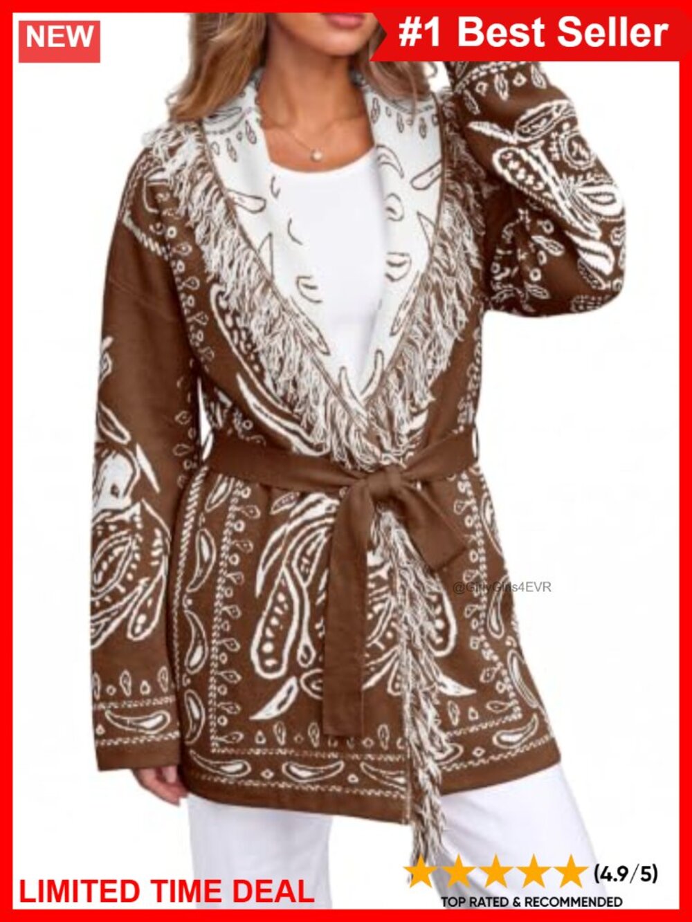 Womens Paisley Fringe Shawl Collar Belted Cardigan Sweater Wrap
